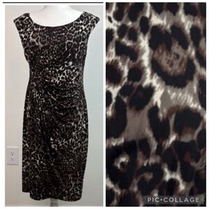 Connected Apparel leopard print faux wrap high  waist fitted dress 12 petite